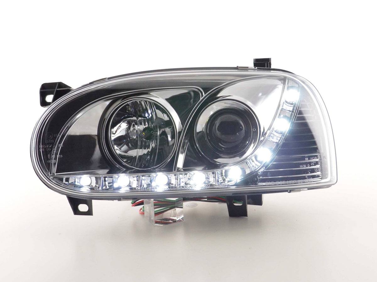 Scheinwerfer Set Daylight LED Tagfahrlicht VW Golf 3 91-97 chrom Scheinwerfer Set Daylight LED Tagfahrlicht VW Golf 3 91-97 chrom
